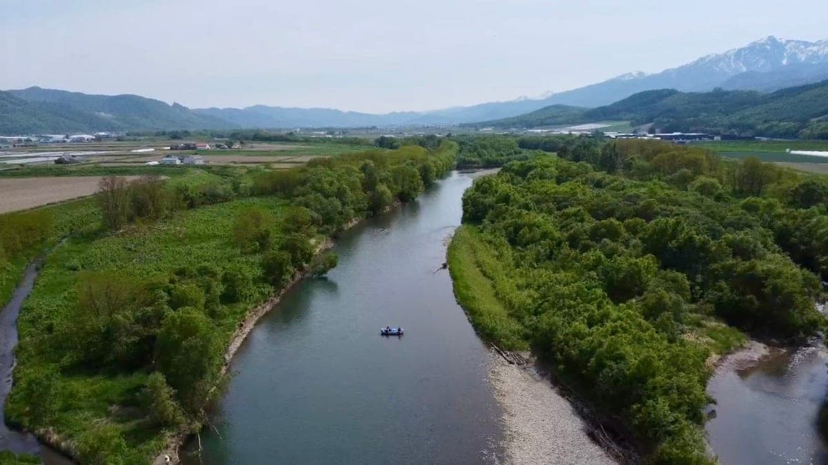上空から見た富良野の川と自然